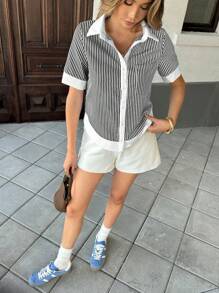 Pariaura Striped Patchwork Contrast Color Turndown Collar Pocket Short Sleeve Casual Shirt For Women - Black - View 6