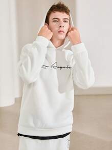 SHEIN Leap Crew 2 件青少年男童休闲百搭保暖手写字母印花针织连帽衫和裤子套装，适合派对、学校、郊游、聚会、秋冬季，保暖内衬，加厚 - 白色 - 查看 5