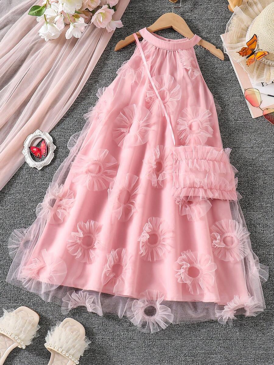 SHEIN Tween Girls' Summer Mesh Splicing Halter Dress - Pink - View 1