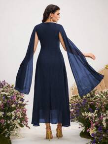 Al Najma Women's Floral Print Patchwork Ruffled Elegant Arabic Style Dress - Navy Blue - View 2