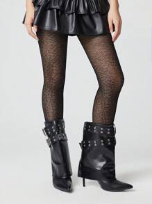 ROMWE Goth 1 Pair Women All-Season Maillard Leopard Print Tights - Black - View 3