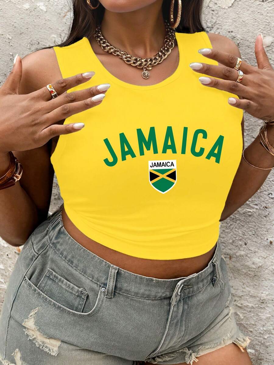 Flirla Plus Size Women's Jamaican Flag "JAMAICA" Printed Tank Top Graphic Tees Women Tops - Yellow - View 1