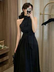 DAZY Elegant Ladylike Tie-Neck Waist Cinched Dress For Women - Black - View 1