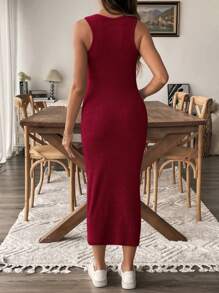 SHEIN Maternity Solid Color Round Neck Side Slit Sleeveless Bodycon Cami Dress - Red - View 2