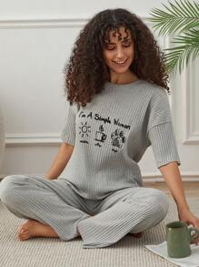 SHEIN Cottnline Women Contrast Colour Cute Items Detail Basic Homewear Lounge Set - Light Grey - View 1