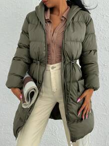 EURMUSE Zip Up Drawstring Waist Hooded Puffer Coat - Chocolate Brown - View 1