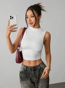 SHEIN PETITE Women's Solid Color Stand Collar Crop Fit Casual Top White - White - View 3