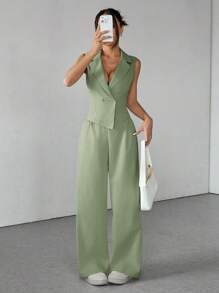SHEIN PETITE Two Pieces Fall Outfits 2pcs/Set Women Solid Color Sleeveless Top And Pants Fall Clothes - Green - View 3