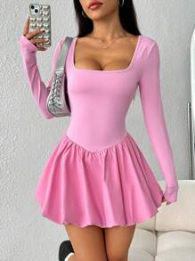 Muchica 女士纯色长袖时尚荷叶边领迷你连衣裙 - 粉色 - 查看 2