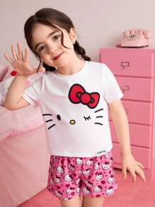 HELLO KITTY AND FRIENDS | SHEIN Young Girl Cartoon Cat Sweet Print Knitted Round Neck T-Shirt And Shorts Pajama Set, Spring/Summer - Pink - View 3