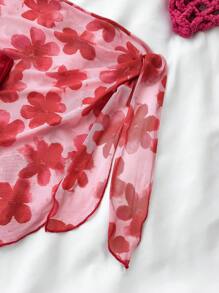 SHEIN Bộ 3 món cho bé gái tuổi teen, gồm áo bikini dệt kim màu trơn và chân váy mini in họa tiết hoa, trang phục đi nghỉ và đi biển - Đỏ - Xem 4