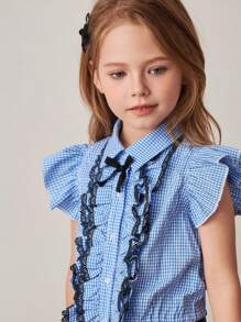 PrepCrw Young Girls Spring/Summer Gingham Sleeveless Shirt With Ruffle Detail And Pleated Skirt Coordinated Set - Multicolor - View 2