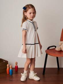 PrepCrw Young Girls Colorblock Ribbon Decor Polo Collar Pleated Hem Dress, College Style For Spring/Summer - White - View 7