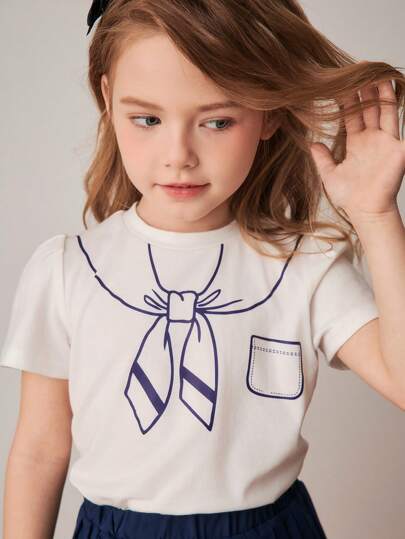 PrepCrw Conjunto de 2 piezas con camiseta de cuello estampada y minifalda plisada de estilo universitario para niña, para primavera/verano