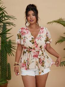 Flirla Große Größen V-Ausschnitt Rüschenärmel Chiffon bedruckte Taille geschnürt A-Linie elegante Vintage Sommer Urlaubs Bluse für Frauen - Verschiedenfarbig - Übersicht 5