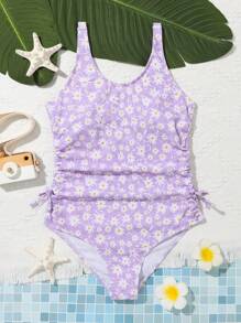 SHEIN Teen Girl Floral Print Tie Sides One-Piece Swimsuit, Random Prints
