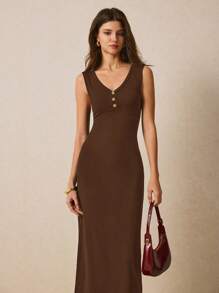 Poéselle Women's Button Design V-Neck Sleeveless Long Casual Dress,Business Casual Woman,Summer Dresses For Women - Brown - View 5