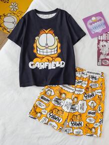 GARFIELD | SHEIN Tween Boy Cartoon Cat Print Casual Short Sleeve T-Shirt & Yellow Shorts 2pcs Set - Multicolor - View 1