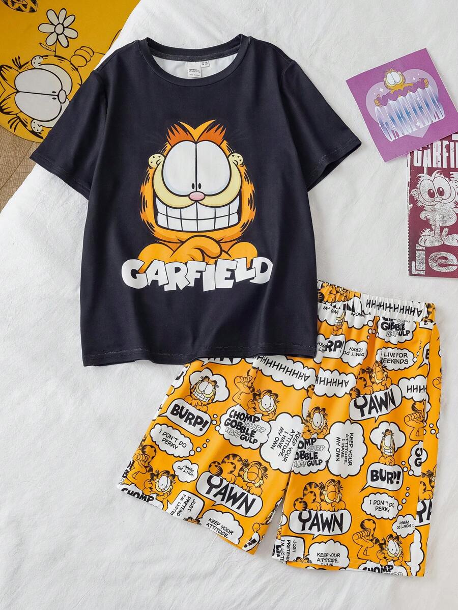 GARFIELD | SHEIN Tween Boy Cartoon Cat Print Casual Short Sleeve T-Shirt & Yellow Shorts 2pcs Set - Multicolor - View 1