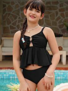 Tween Girl Spaghetti Strap Tankini Swimwear Set, New Black Solid Classic Simple Design With Front Hollow Rings, Ruffled Hem, Adjustable Straps, Suitable For Swimming And Beach Vacation - Black - View 8