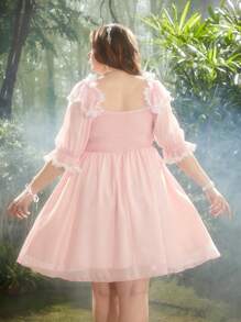 Lyrianda Elegant Vacation Sweet French Princess Style Pink Puff Sleeve Off-Shoulder Fit & Flare Mini Dress, Summer