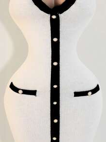 Mistrie 黑白收腰女式毛衣裙，撞色领口迷你针织毛衣裙，休闲性感春夏女装，满足基本旅行需求 - 黑與白 - 查看 6