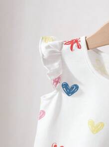 4pcs/Set Casual Baby Girl Heart & Floral Print Ruffle Trim Short Sleeve Top + Shorts Set, 2 Pieces Outfit, Summer Holiday Outdoor Wear - Multicolor - View 5