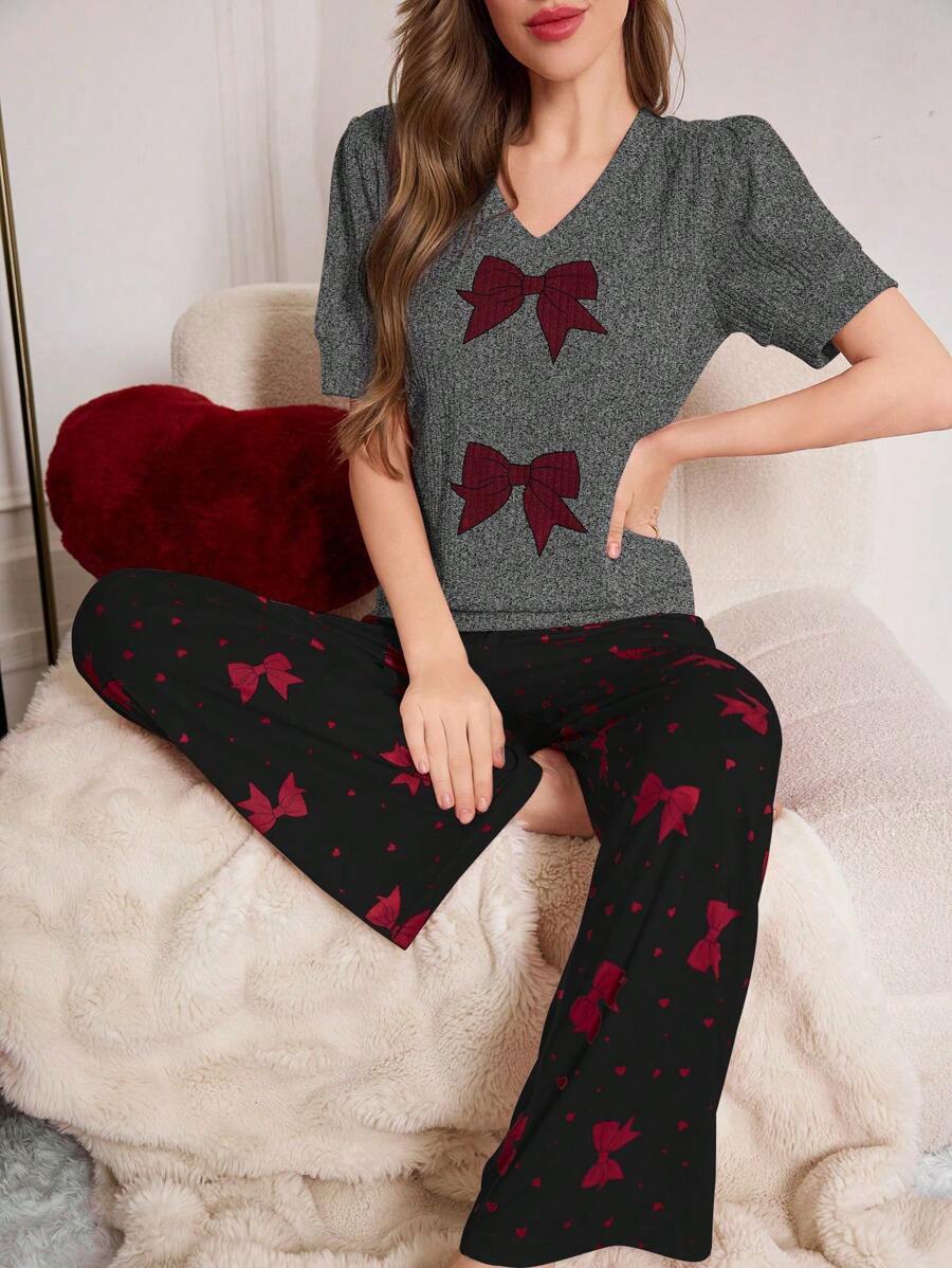 2pcs Bowknot Print Puff Sleeve V-Neck Pajama Set With Wide Leg Pants - Dark Grey - View 1