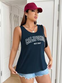 SHEIN EZwear Women's Plus Size California Graphic Print Casual Scoop Neck Rib-Knit Semi-Sheer Regular Length Tank Top