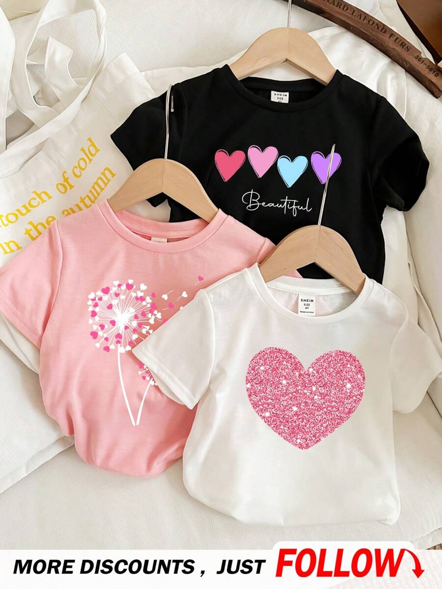 SHEIN Leap Crew Conjunto casual de 3 piezas para niña preadolescente con camisetas con estampado de corazón, flor y pedrería, para el verano - Multicolor - Ver 1