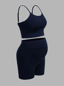 Modmama Pregnant Women Solid Color Long Sleeve Shirt, Camisole, And Shorts Casual Outfit - Navy Blue - View 6
