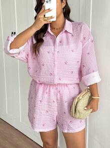 SHEIN Frenchy 大码秋季女装返校装条纹前开襟衬衫带可调节袖子短裤套装女式 - 淺粉色 - 查看 4