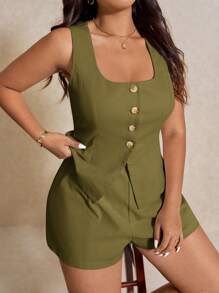 Elaquor Bộ 2 món áo sơ mi không tay một hàng khuy đơn màu trơn cỡ lớn dành cho nữ và quần short thường ngày - xanh quân đội - Xem 3