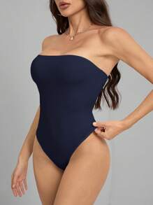 SHEIN Tall Women's Casual Navy Blue Strapless Bodysuit: A Sleek And Versatile Sleeveless Backless Design For Effortless Everyday Style - Navy Blue - View 6