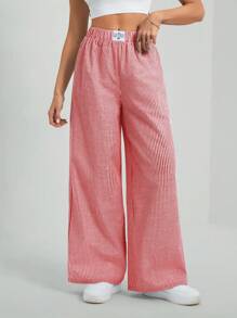 SHEIN Tall Women's Red Vertical Striped Casual Long Pants With Pockets: Semi-Sheer Woven Fabric For A Stylish, Breezy Look - Red - View 6