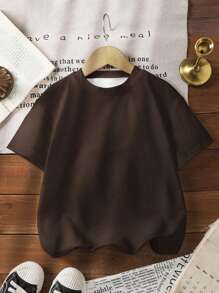 SHEIN Young Boy Casual Slogan Print Short Sleeve T-Shirt - Brown - View 2