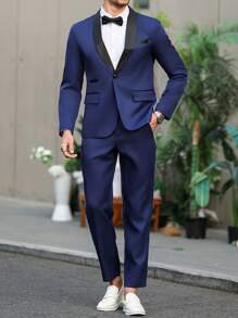 Manfinity Mode Men's Shawl Collar Long Sleeve Jacket And Pants Suit Set - Navy Blue - View 3