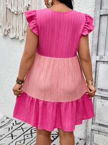 SHEIN VCAY Plus Size Color Block Cap Sleeve Casual Vacation Dress - Hot Pink - View 2