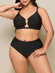 Swim Basics Solid Color Bikini Set, Ruffled Straps, Adjustable Shoulder Straps, High Waist Bottom, 2 Pieces Swimwear Set, Plus Size For Summer Beach Vacation - Black - View 7