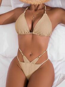 SHEIN Swim 女士海滩夏季比基尼套装，纯色挂脖露背上衣和高腰丁字裤 - 卡其色 - 查看 4