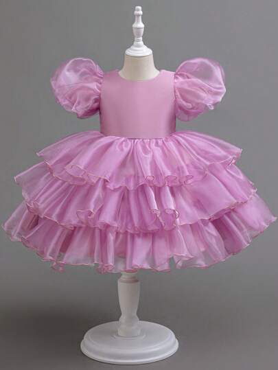 Glamorique Kids Young Girl Solid Color Round Neck Puff Sleeve Ruffle Hem Party Dress