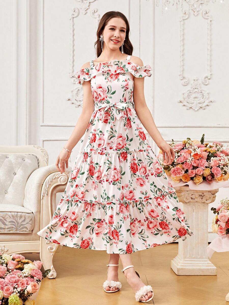 Teen Girl Vacation Retro French Floral Print Ruffle Hem Maxi Dress,Holiday,Summer,Travel - White - View 1