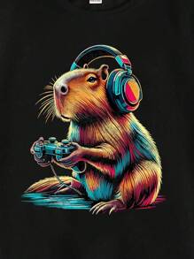 SHEIN GraphicGems Tween Boys' Casual Creative Cute Cartoon Capybara Graphic Print Basic Short Sleeve T-Shirt - Black - View 6