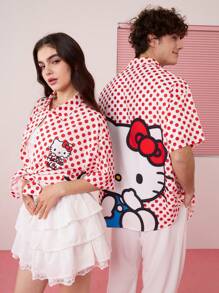 HELLO KITTY AND FRIENDS | SHEIN Unisex Casual Loose Woven Cat Print Red Polka Dot Short Sleeve Shirt, Spring/Summer - Red and White - View 1