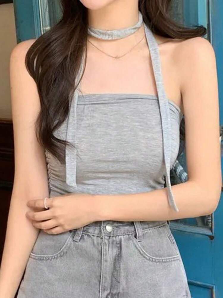 Women's Cropped Tube Top Camisole With Neck Tie