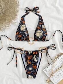 SHEIN Swim 2pcs/Set Summer Vacation Sexy Retro Print Halter Backless Triangle Top And Tie Side Bikini Bottom Swimsuit Set - Multicolor - View 1