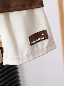 SHEIN 2 Pieces Baby Boy Unisex Newborn Neutral Set. It's A Set With A Brown Top And Apricot Shorts, Decorated With Letter Patches. Suitable For Summer, This Sportswear Is Perfect For Vacations, Parties, Outings, And As A Versatile Basic For School In Summer.Outfit Toddler Infant Outfits Unisex Summer. - Brown - View 6