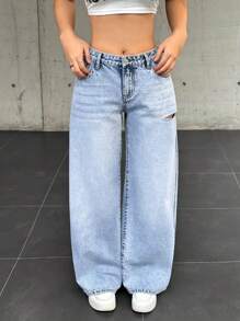 SHEIN EZwear Women Casual Distressed Straight Leg Jeans - Blue - View 4