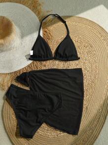 SHEIN 少女三件套黑色泳衣比基尼套装，休闲海滩度假 - 黑色 - 查看 2