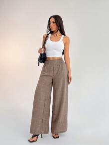 SHEIN PETITE Women's Casual Vacation Waistband Blue Wide Leg Pants,Business Casual Woman